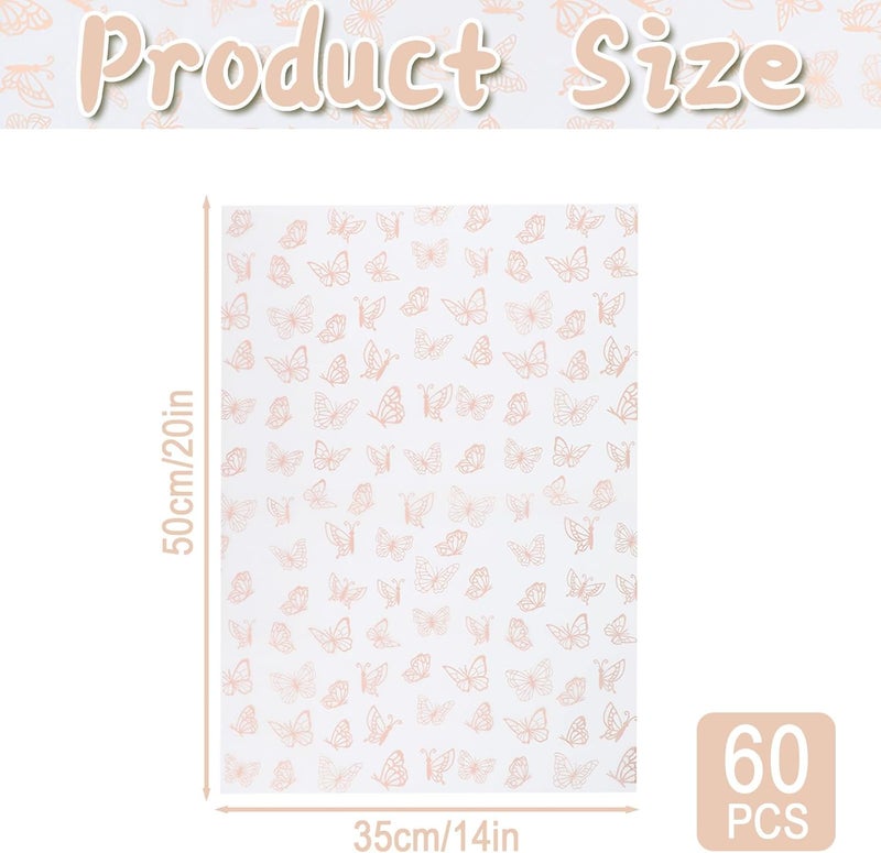 Ethanberg 60 Sheets Gift Wrapping Tissue Paper Bulk, Rose Gold Butterfly Print Tissue Paper for Gift Bags, Decorative Art Papers for DIY Crafts Wedding Birthday Baby Showers Holiday Party Decor, 20x14 Inches - Image 2